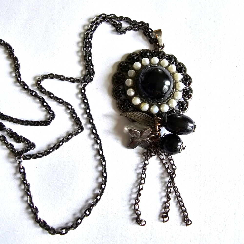 Charm necklace black silver tone tassel chains butterfly leaf
